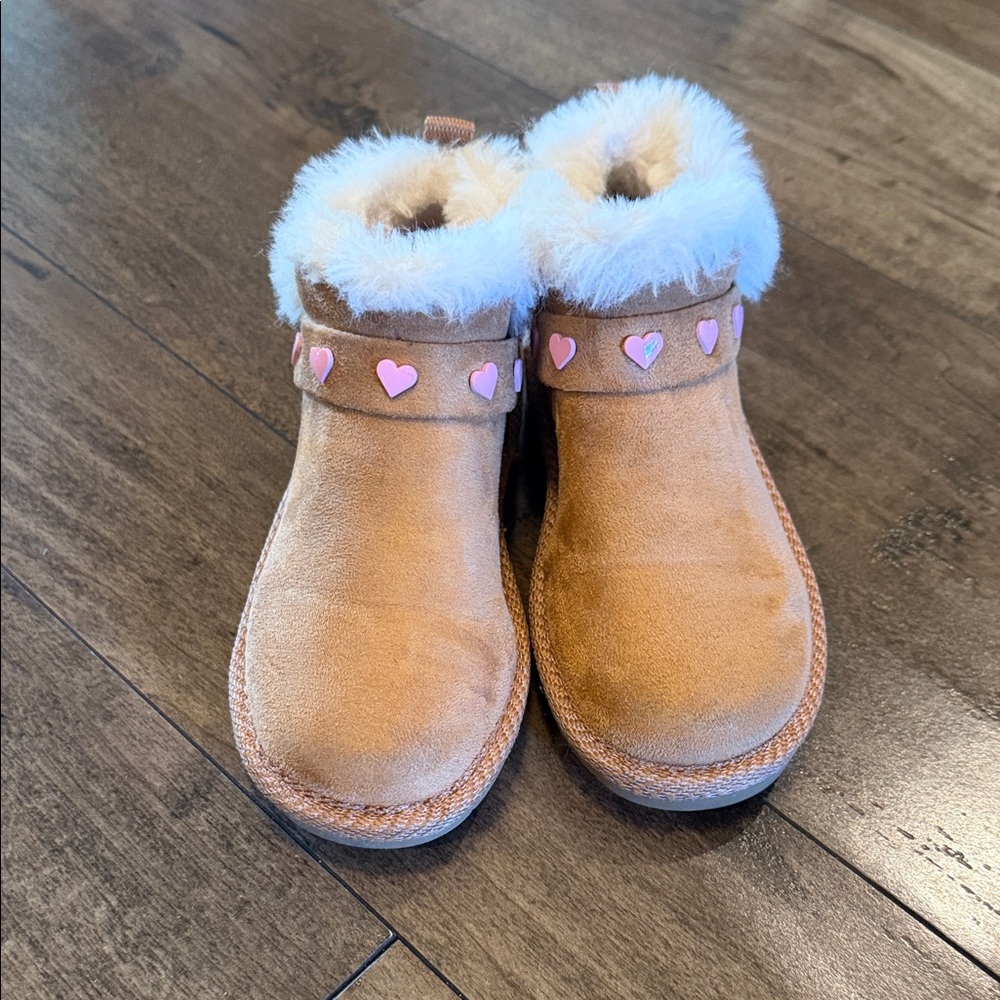 Tan Kids Boots with Pink Heart Accents
